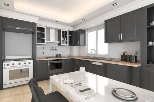 Modern kitchen with refinished cabinets in a deep charcoal finish